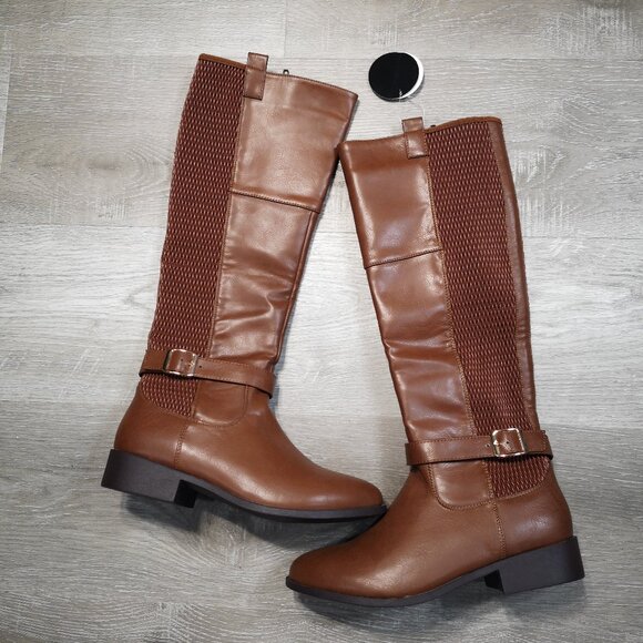 NWT Lily Morgan Ladies Size 7 Dark Brown Faux Leather Stretch Boots - Picture 1 of 6